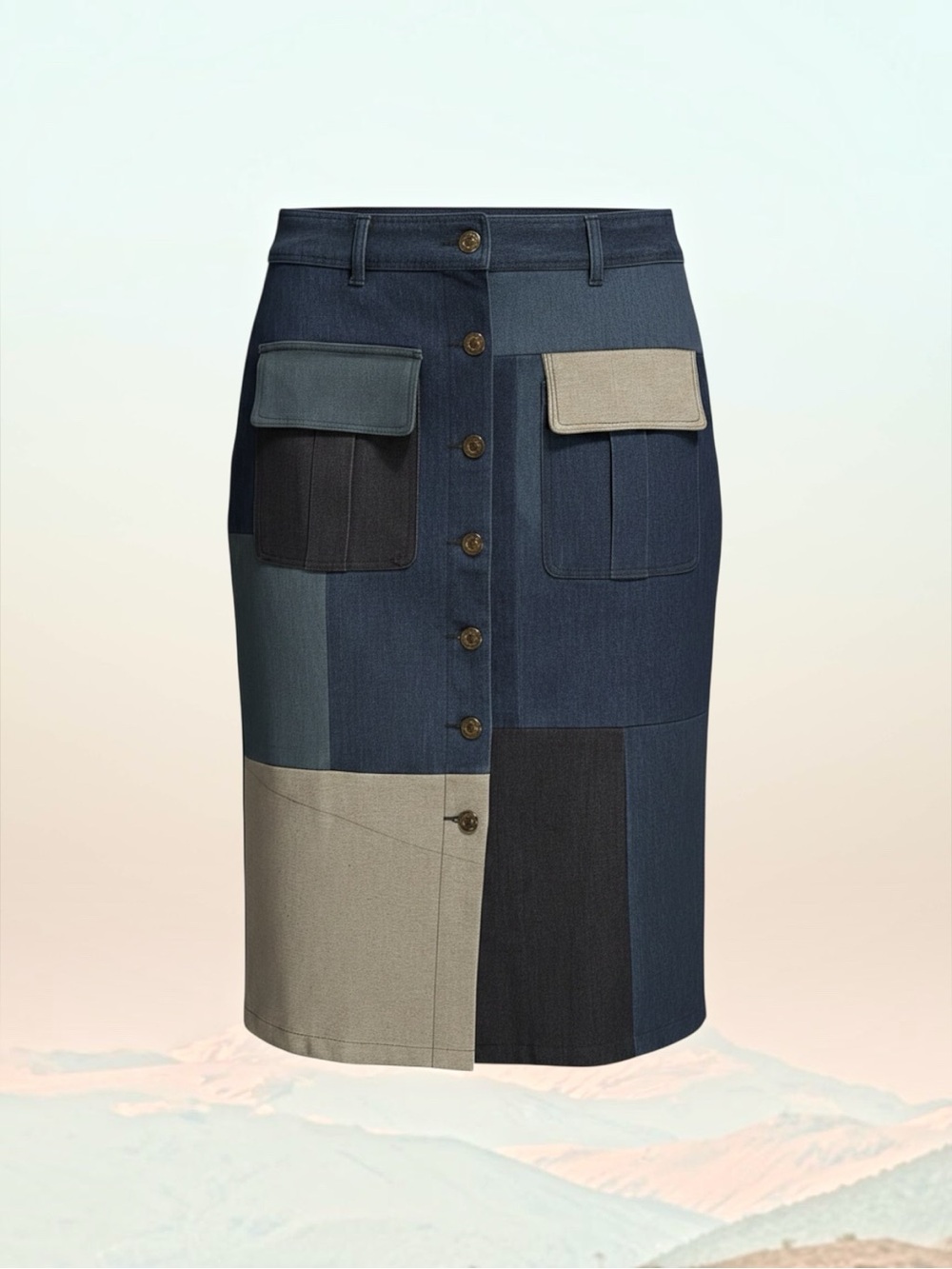 Boho Patchwork Button-Front Denim Midi Skirt in Blue and Tan Small - Picture 2 of 7